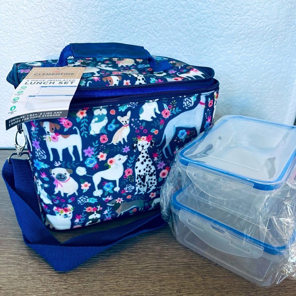 Clementine Floral Dogs 5-pc Lunch Cooler Tote Set